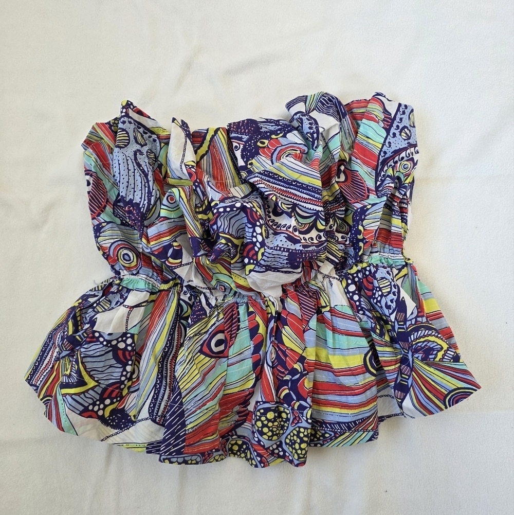 Anthropologie Multi-Color Abstract Print Strapless Peplum Top - Picture 4 of 10